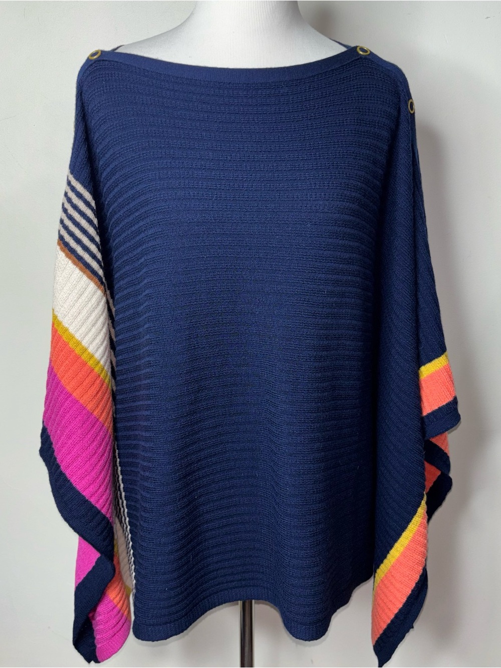 Trina Turk Chic Wrap Pullover Sweater Poncho Blue Knit Stripes and Gold Buttons - Picture 4 of 13